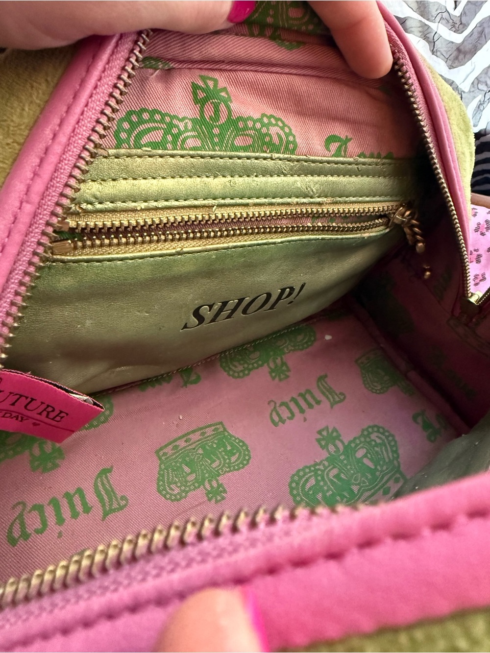 Juicy Couture Green Suede Satchel with Pink Trim and Heart Charm - Picture 7 of 9